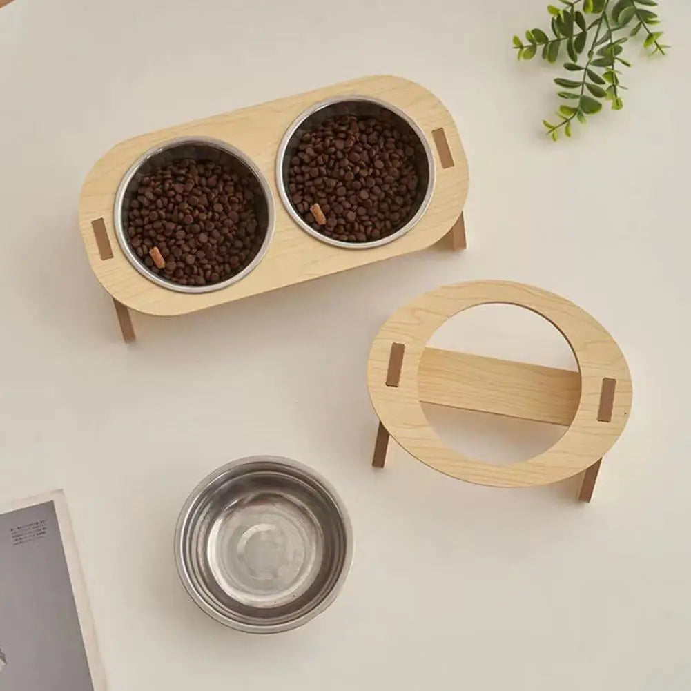 Elevated Feast: Stainless Steel Pet Bowls with Wooden Stand