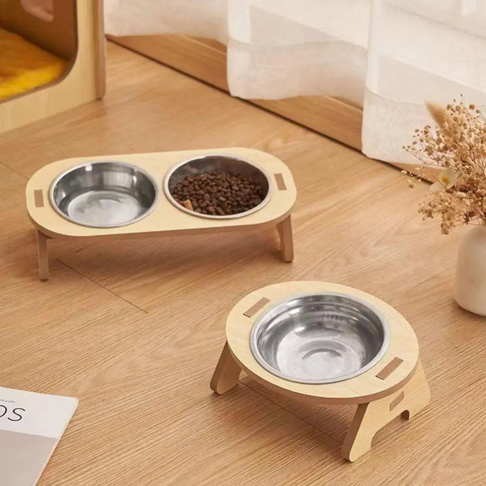 Elevated Feast: Stainless Steel Pet Bowls with Wooden Stand