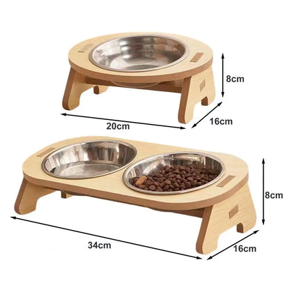 Elevated Feast: Stainless Steel Pet Bowls with Wooden Stand