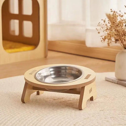 Elevated Feast: Stainless Steel Pet Bowls with Wooden Stand