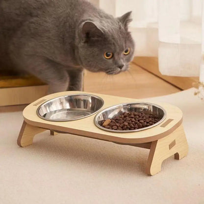 Elevated Feast: Stainless Steel Pet Bowls with Wooden Stand