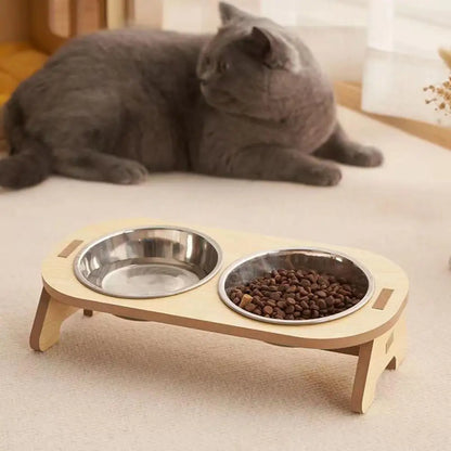 Elevated Feast: Stainless Steel Pet Bowls with Wooden Stand